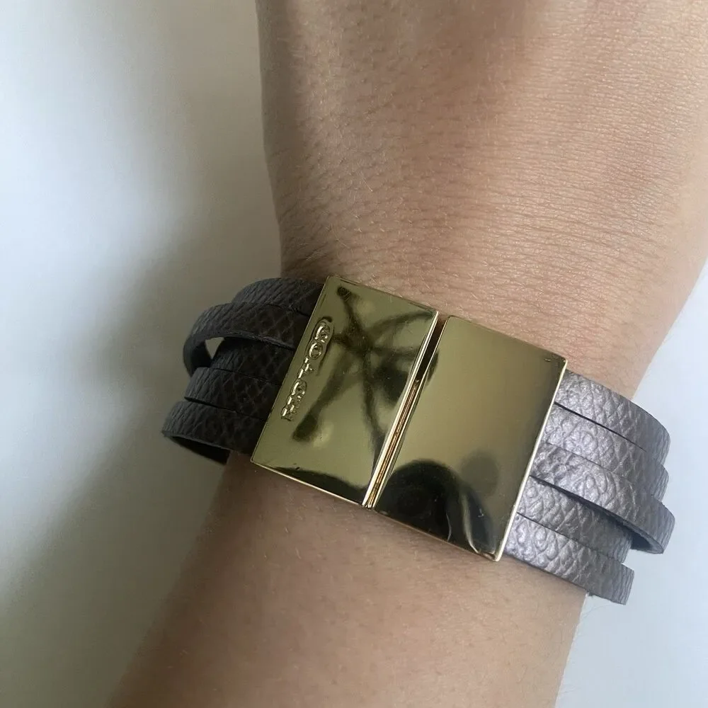 COACH Multi-Wrap Leather Bracelet Snakeskin-Embossed Metallic Gray Gold Hardware